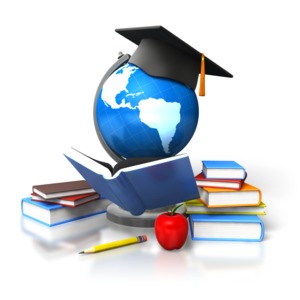 An image of a globe with a graduation cap on. Sitting next to the globe are books, a pencil and an apple. 