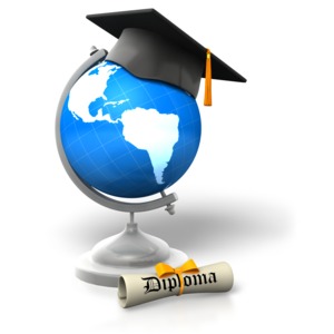 An image of a globe with a cap and tassle on top and a diploma in front.
