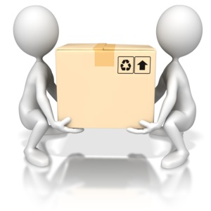 Two stick figures use teamwork to lift a big box.