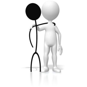 This clip art image shows a 2d drawn stick figure and a 3d digital stick figure with their arms around each other.  This clip art image displays a concept of advancement in technology or enhancing something to make it better.