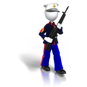 An image of a United States marine carrying a gun while walking.