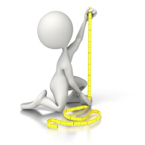 A 3D stick figure holds a tape measure in a concept clip art of taking a measurement or making an evaluation of a metric.
