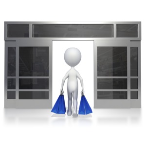 A stick figure walks out of a store holding four bags of bought goodies.