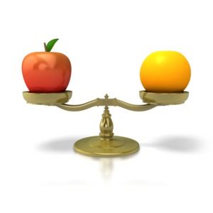 A visualization of the common phrase &#039;Comparing Apples to Oranges&#039; meaning to compare items that are unrelated to each other.