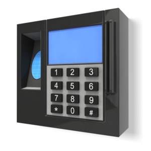 This clip art image shows a security access box with a thumb print scanner, key card swipe, and numbered key pad.