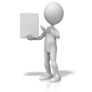 A 3D stick figure hold up a blank box to represent a product, idea or item.  You can add your own text or image to the box using PowerPoint or another application.