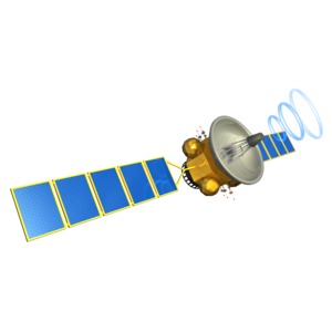 This clip art image shows a satellite transmitting a signal.