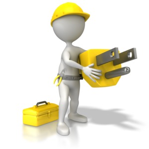 A electrician hold a large three prong electrical power cord.  The figure is wearing a hard hat and a tool belt.  A concept of electricity, energy or power.