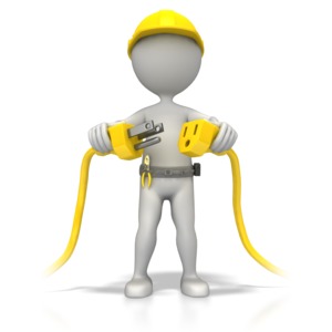 A electrician with a hardhat holds two ends of a electrical cord and is about to plug them in.  A concept of powering up or plugging in.