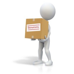 An image of a stick figure holding a box with donations.