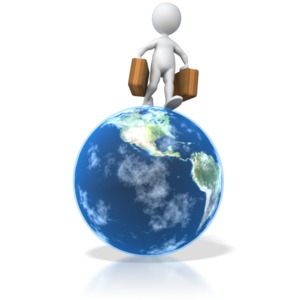 A stick figure holding luggage walks across the earth.