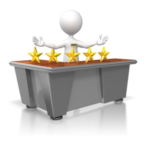 A customer service stick figure stands behind a counter with five stars on top.  This clip art image displays a concept of top notch excellent customer service.