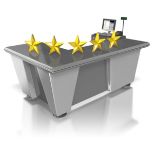 This clip art image shows a retail check out counter with five stars signifying top notch service.