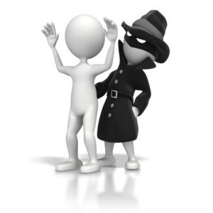 A 3D stick figure has its hands up as it is held up by a masked figure in a trench coat.  A concept of a crime, theft or threat.