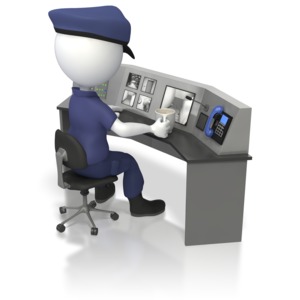 A security guard stick figure sits a surveillance desk monitoring the security screens.