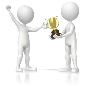 A stick figure presents a trophy another stick figure raising its fist in a victory celebration.