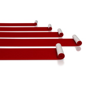 Five rolls of red carpet rolling out. 