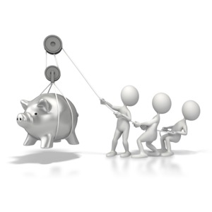 A group of stick figures work together with a pulley system to raise a piggy bank off the ground.  A concept of increasing your savings or fundraising.