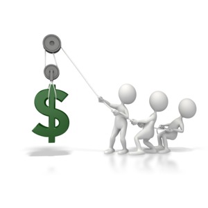 A group of stick figures work together to lift a dollar sign off the ground using a rope and pulley system.  A concept of a fundraiser or increasing the value of an investment.