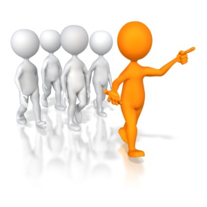 One stick figure leads a group of four character figures.