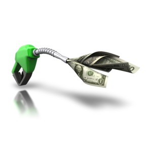 An image of a gas pump nozzle sucking up some cash.