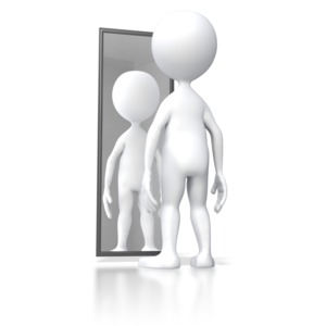 A stick figure looks at itself in a mirror.