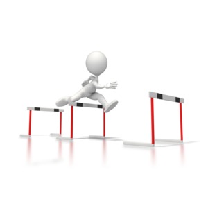 A 3D stick figure runs through a group of hurdles.  It could be used to illustrate the hurdles to completing a project.