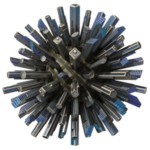 A world made of a city streets and skyscrapers.