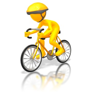 A cyclist rides stick figure rides a bike. 