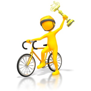 A stick figure cyclist celebrates by holding a trophy over head.