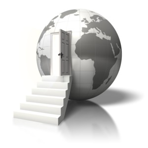 An image of earth containing steps to an open door.