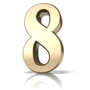 A large gold number eight (8).