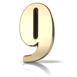 A large gold number nine (9).