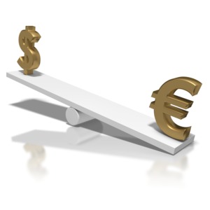 The dollar is up while the euro is down as they sit on a teeter totter.