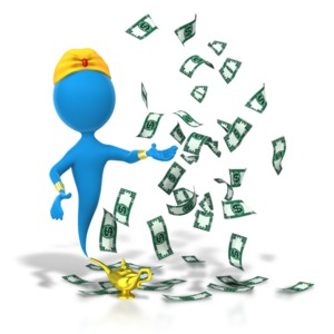 An image of a genie granting the wish of money.
