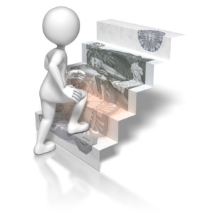 A stick figure climbs a stairway made of a British pound.