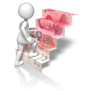 A stick figure climbs a stairway made of a Chinese yuan.