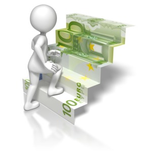 A stick figure climbs a stairway made of a euro.