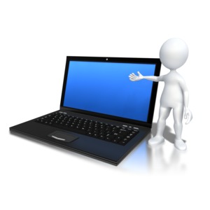 An image of a stick figure standing next to an open laptop with a blank screen.