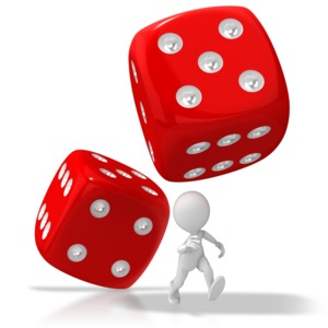 A 3D stick figure runs for a pair giant of tumbling dice in this concept of risk or chance.