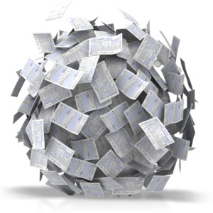 A big ball of tax forms or office documents in the form of a giant snowball.  A concept of bureaucracy, paperwork or being overwhelmed in work.