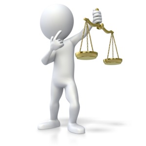 A 3D stick figure hold up a set of scales and is thinking.  A concept of weighing a decision.