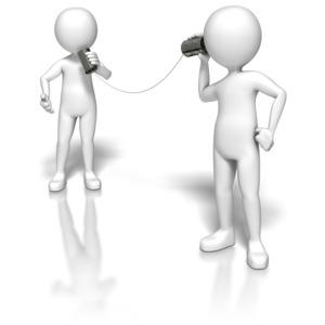 Two stick figures communicate by talking into tin cans attached by a string.