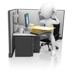 A stick figure employee character sits in a cubicle getting frustrated and overwhelmed by the amount of work that has been given.