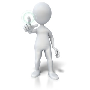 An image of a stick figure pushing a button on a futuristic circular digital panel.