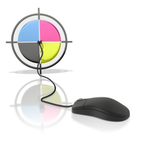 This clip art image shows an mouse connect into a print registration mark symbolizing digital print.