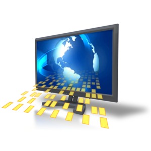 An image of a computer monitor with blocks of data coming out from the screen.