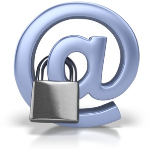 A 3D at symbol is locked with a padlock in a concept of secure messaging or email.
