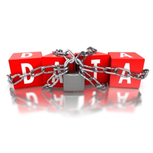 A set of blocks with the word DATA are chained up and locked together.  A concept of secure data or protecting information.