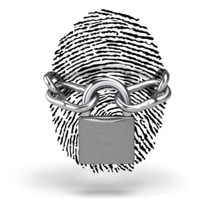 A lock and chain secures a fingerprint image in this concept of privacy of security of personal information.